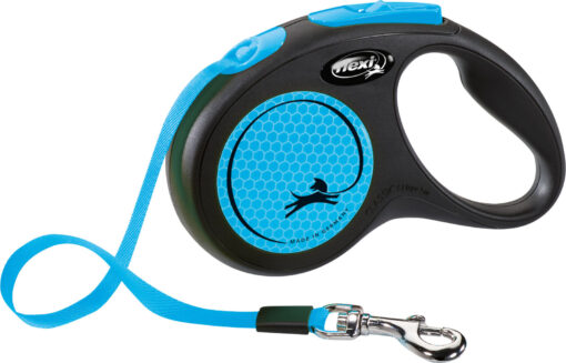 flexi New NEON, laisse sangle, S: 5 m, bleu fluo S: 5 m