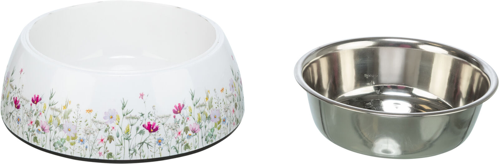 Edelstahlnapf, Blumen-Motiv, weiss/bunt 0,2 l/ø 14cm Edelstahlnapf, Blumen-Motiv, weiss/bunt 0,2 l/ø 14cm